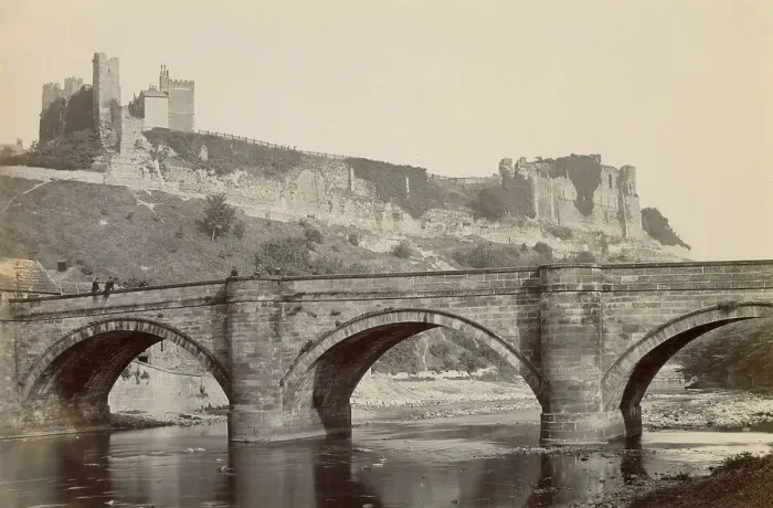 Framed Print : Bridge over a river, with ruined castle above, North Wales Date: circa 1889 Framed Print : Bridge over a river, with ruined castle above, North Wales Date: circa 1889