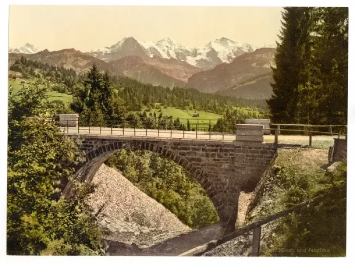 Framed Print : Bridge at Saint Beatenberg, with view of Mount Eiger, Monch Framed Print : Bridge at Saint Beatenberg, with view of Mount Eiger, Monch