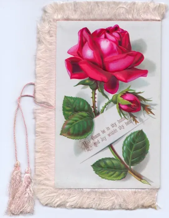 Framed Print : Bright pink roses on a fabric greetings card Framed Print : Bright pink roses on a fabric greetings card