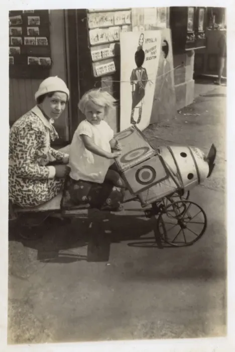 Framed Print : Brighton - Mother and daughter pose in Toy aeroplane Framed Print : Brighton - Mother and daughter pose in Toy aeroplane
