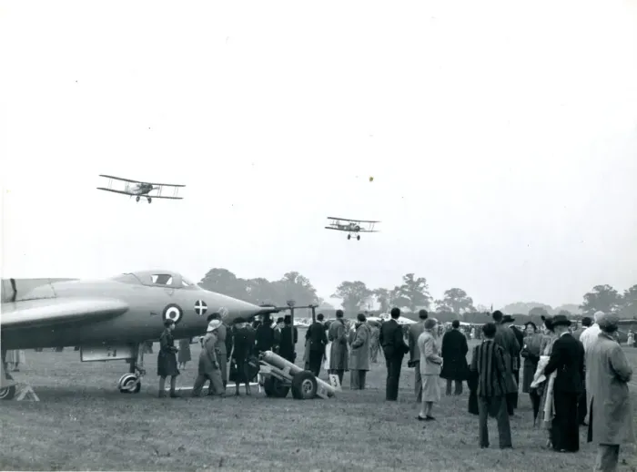 Framed Print : Bristol Fighter and Sopwith Pup overfly the Avro 707B, V Framed Print : Bristol Fighter and Sopwith Pup overfly the Avro 707B, V