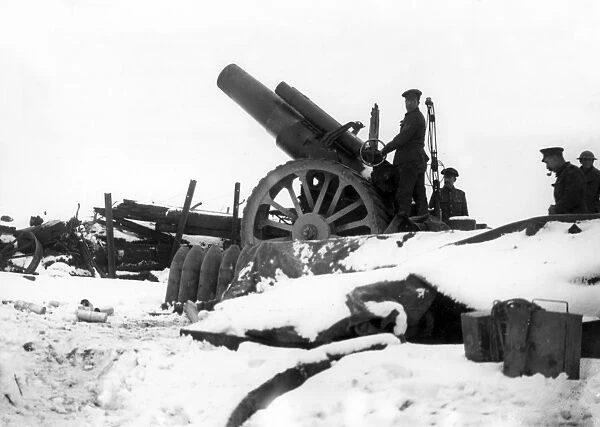 British 8 inch Howitzer in snow, Pozieres, France, WW1