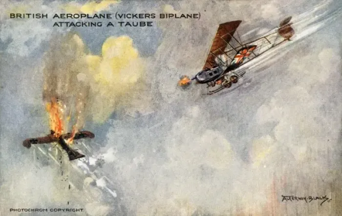 Framed Print : British Aeroplane (Vickers Biplane) attacking a Taube Framed Print : British Aeroplane (Vickers Biplane) attacking a Taube
