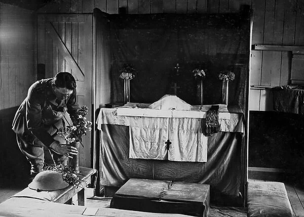 British army padre in makeshift church, Western Front, WW1