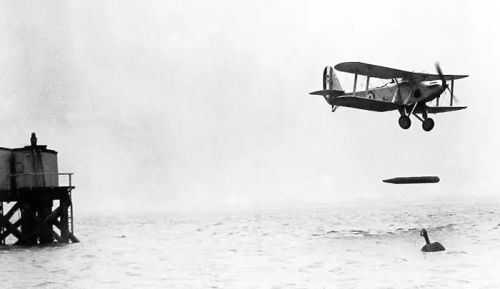 Framed Print : British biplane dropping a torpedo during WW1 Framed Print : British biplane dropping a torpedo during WW1
