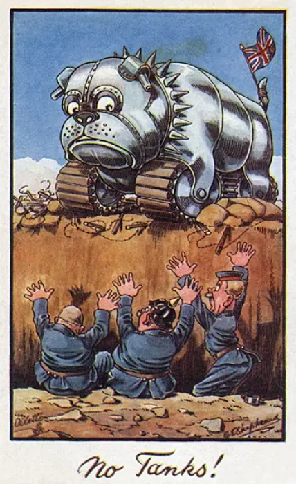 Framed Print : British Bulldog Tank surprises Germans in a trench Framed Print : British Bulldog Tank surprises Germans in a trench
