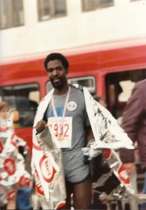 Framed Print : British Caribbean marathon runner, with foil wrap Framed Print : British Caribbean marathon runner, with foil wrap