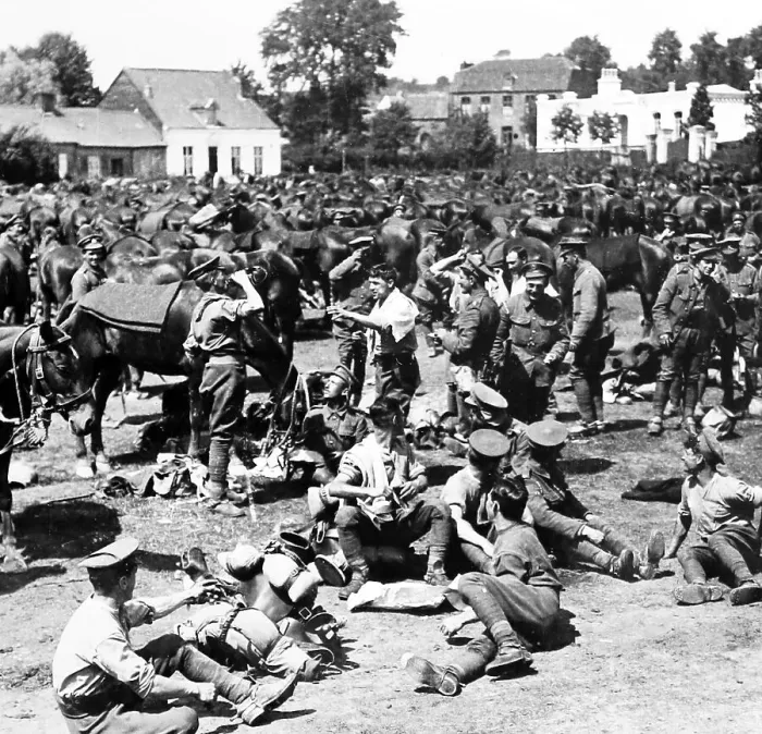 Framed Print : British cavalry resting in a French village - WW1 Framed Print : British cavalry resting in a French village - WW1