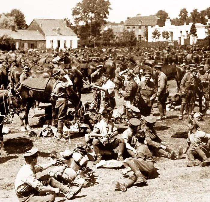 Framed Print : British cavalry resting in a French village - WW1 Framed Print : British cavalry resting in a French village - WW1