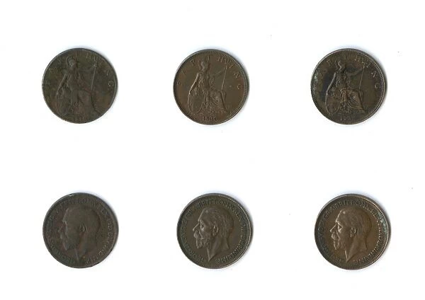 British coins, three George V farthings