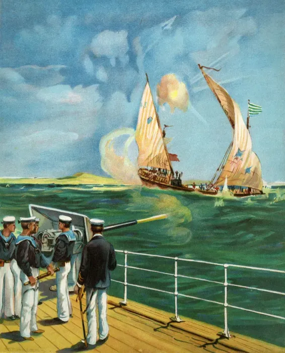 Framed Print : A British Cruiser attacking an Arab Slave Dhow Framed Print : A British Cruiser attacking an Arab Slave Dhow