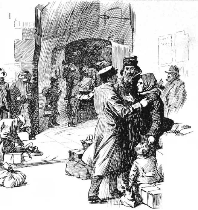 Framed Print : British Customs Officer with Immigrants, London, 1904 Framed Print : British Customs Officer with Immigrants, London, 1904