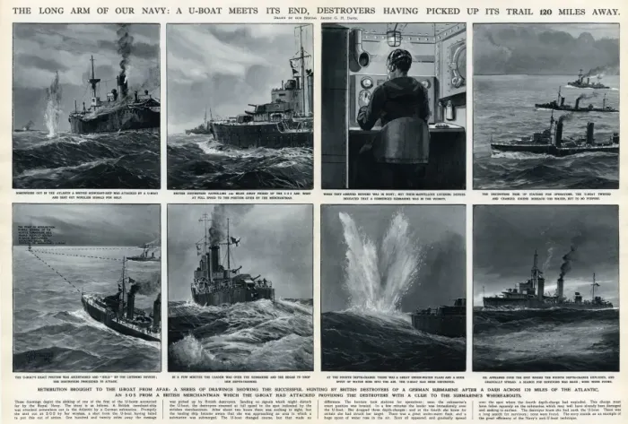 Framed Print : British destroyers v. German U-boat by G. H. Davis Framed Print : British destroyers v. German U-boat by G. H. Davis
