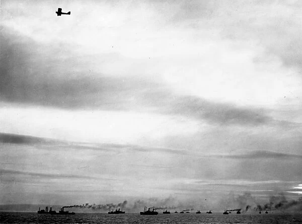 British DH6 biplane escorting convoy of ships, WW1