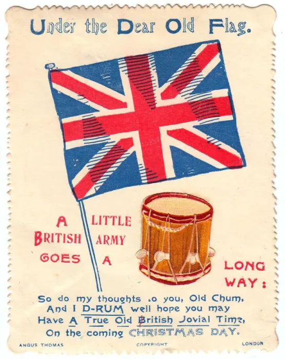 Framed Print : British flag and drum with comic verse on a Christmas card Framed Print : British flag and drum with comic verse on a Christmas card