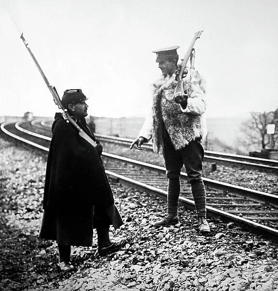 British and French sentries guarding a railway line - WW0