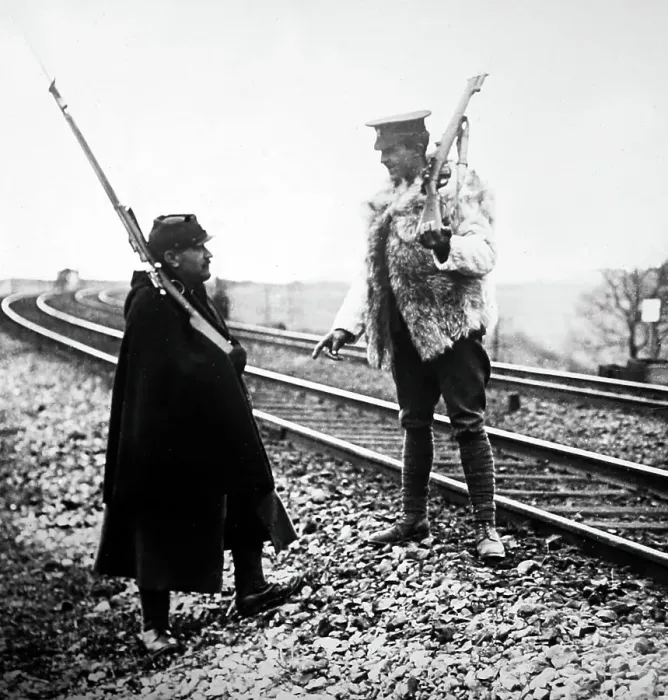Framed Print : British and French sentries guarding a railway line - WW0 Framed Print : British and French sentries guarding a railway line - WW0