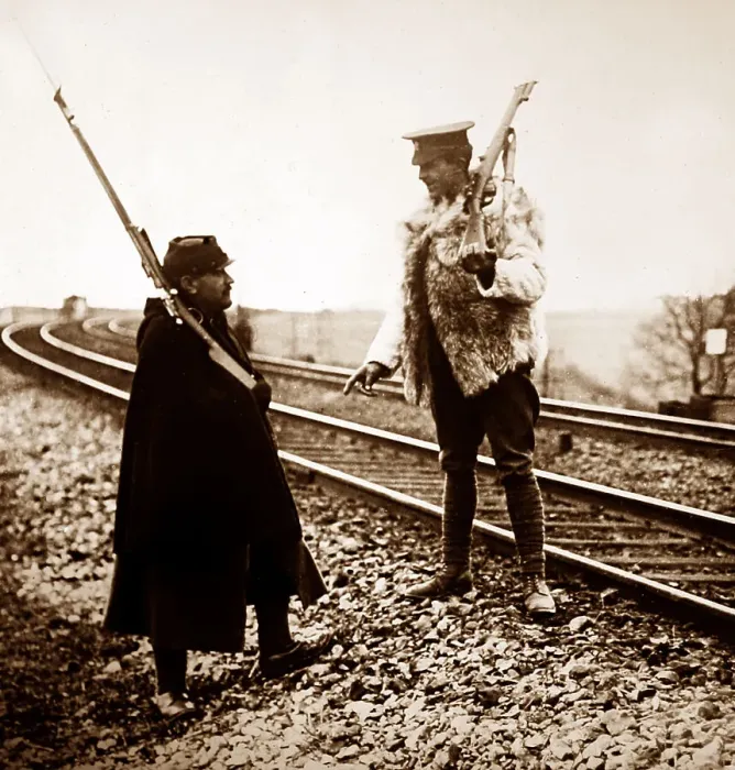 Framed Print : British and French sentries guarding a railway line - WW1 Framed Print : British and French sentries guarding a railway line - WW1
