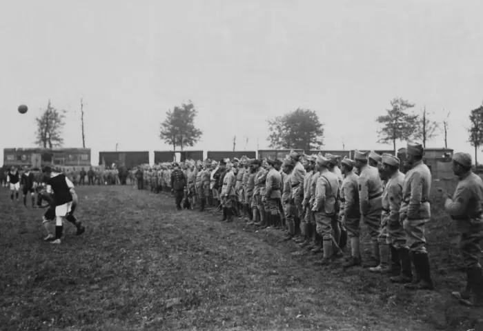 Framed Print : British and French soldiers playing football, WW1 Framed Print : British and French soldiers playing football, WW1