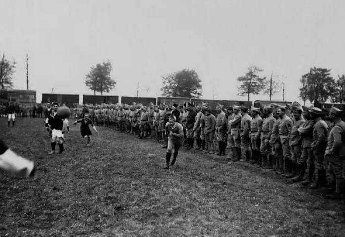 Framed Print : British and French soldiers playing football, WW1 Framed Print : British and French soldiers playing football, WW1