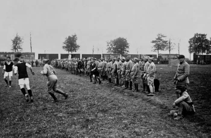 Framed Print : British and French soldiers playing football, WW1 Framed Print : British and French soldiers playing football, WW1