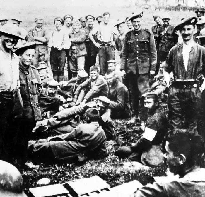 Framed Print : British and German troops together after battle Framed Print : British and German troops together after battle