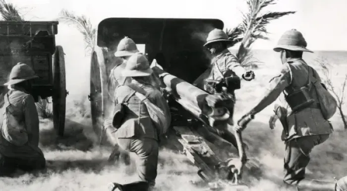 Framed Print : British gunners firing captured gun in the desert, WW1 Framed Print : British gunners firing captured gun in the desert, WW1