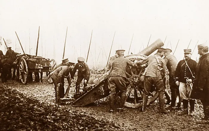 Framed Print : British gunners place a line of artillery in position - WW1 Framed Print : British gunners place a line of artillery in position - WW1