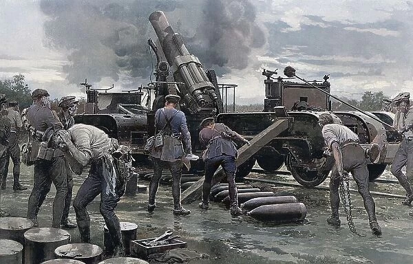 A British heavy howitzer in action on the Western Front against an opposing German position. The shot has just been fired and Matania's drawing (done from official material supplied)