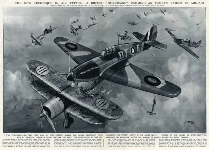 Framed Print : British Hurricane ramming Italian raider by G. H. Davis Framed Print : British Hurricane ramming Italian raider by G. H. Davis