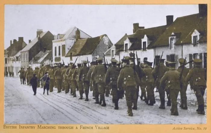 Framed Print : British Infantry march through a French Village - WWI Framed Print : British Infantry march through a French Village - WWI