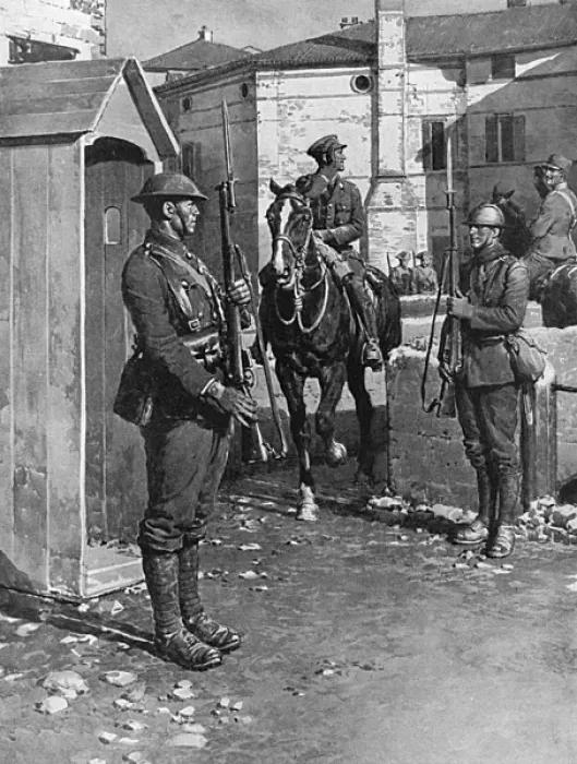 Framed Print : British and Italian sentries in Italy by Matania, WW1