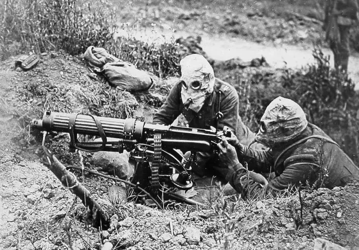 Framed Print : British machine gunners in gas masks WW1 Framed Print : British machine gunners in gas masks WW1