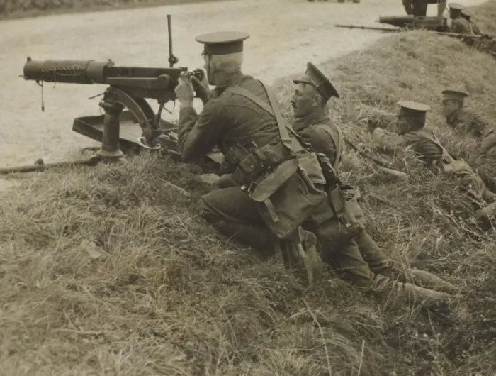 Framed Print : British, with machine guns, take up a position in a ditch in Framed Print : British, with machine guns, take up a position in a ditch in