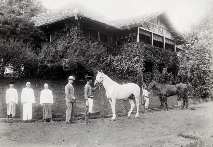 Framed Print : British man with servants & horses SE Asia, possibly Singapo Framed Print : British man with servants & horses SE Asia, possibly Singapo
