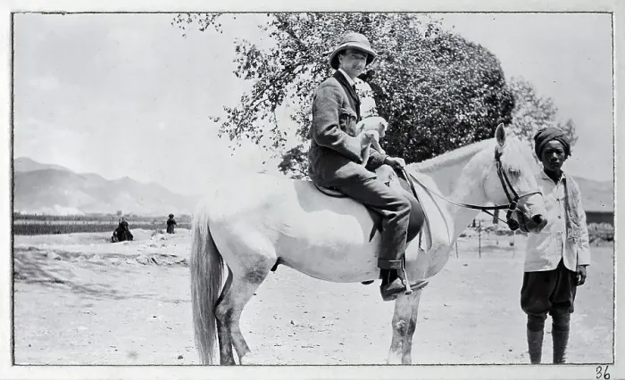Framed Print : British man on a white horse (Sunstar) with Tibetan (Tsewangdi, nicknamed Bill Sykes) on right, from a fascinating album which reveals new details on a little-known campaign in which a British military force brushed aside Tibetan defences to capture Framed Print : British man on a white horse (Sunstar) with Tibetan (Tsewangdi, nicknamed Bill Sykes) on right, from a fascinating album which reveals new details on a little-known campaign in which a British military force brushed aside Tibetan defences to capture