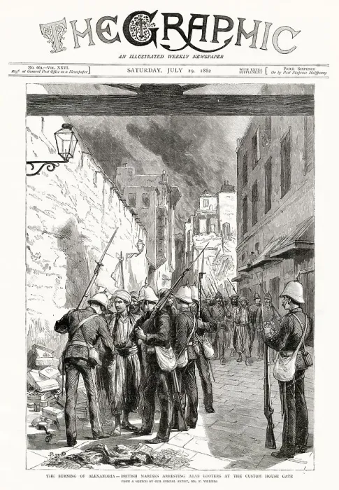 Framed Print : British Marines arresting Arab looters at custom house gate, Alexandria, Egypt. Date: 1882 Framed Print : British Marines arresting Arab looters at custom house gate, Alexandria, Egypt. Date: 1882