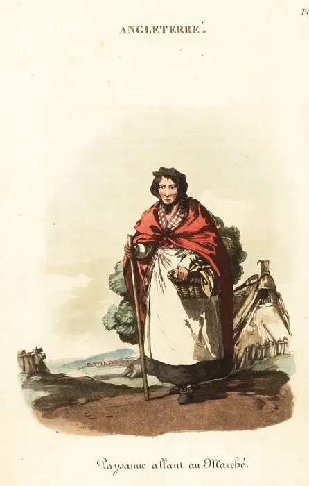 Framed Print : British marketwoman with basket of produce, 1800s Framed Print : British marketwoman with basket of produce, 1800s