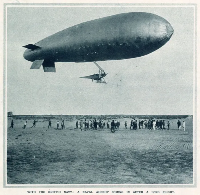 Framed Print : A British naval airship coming in to land after a long flight. Date: 1916 Framed Print : A British naval airship coming in to land after a long flight. Date: 1916