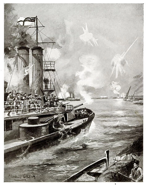 British Navy attacking Turkish forces, River Tigris, WW1