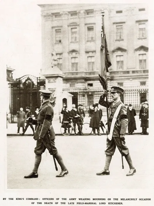 Framed Print : Two British officers of the Scots Guards bearing the Colour at the changing of the guard at Buckingham palace. The two soldiers are seen in black crepe armbands, as ordered by the King, following the death of Lord Kitchener (1850-1916) Framed Print : Two British officers of the Scots Guards bearing the Colour at the changing of the guard at Buckingham palace. The two soldiers are seen in black crepe armbands, as ordered by the King, following the death of Lord Kitchener (1850-1916)