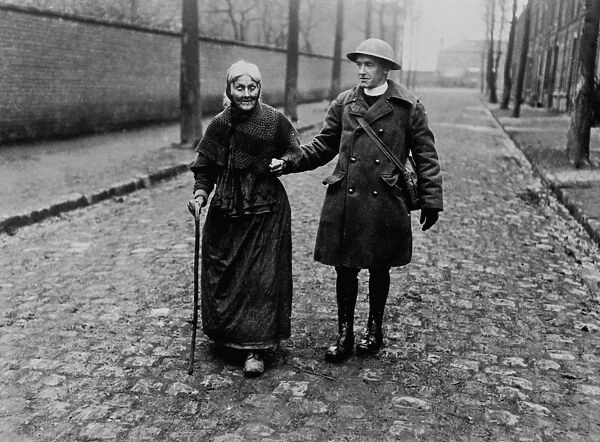 British padre with elderly woman, Western Front, WW1