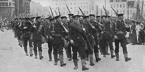 British Royal Marines arriving in Ostend, Belgium, WW1