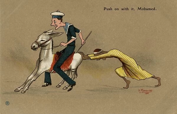 British sailor on a mule, pushed by Egyptian man