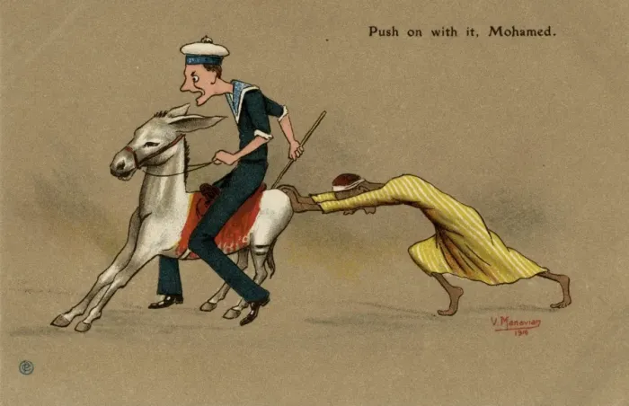 Framed Print : British sailor on a mule, pushed by Egyptian man Framed Print : British sailor on a mule, pushed by Egyptian man