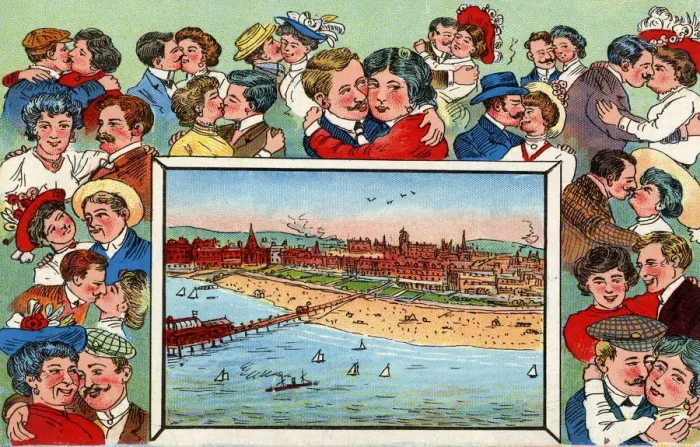 Framed Print : British Seaside scene, surrounded by kissing couples Framed Print : British Seaside scene, surrounded by kissing couples