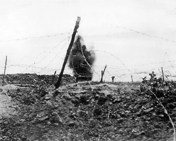 British shell bursting on German trenches, WW1