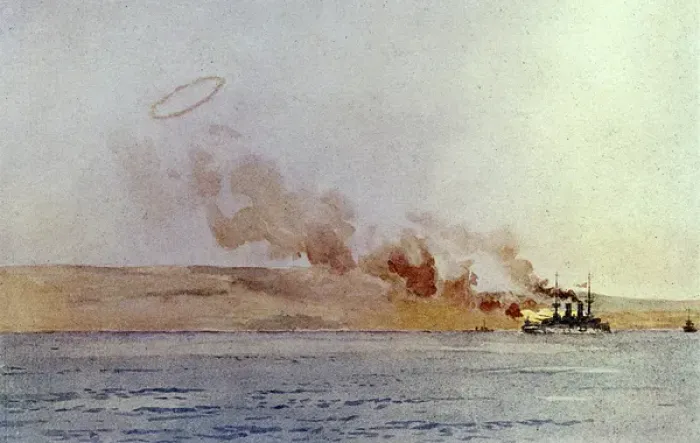 Framed Print : British ships in action, Dardanelles, Turkey, WW1 Framed Print : British ships in action, Dardanelles, Turkey, WW1