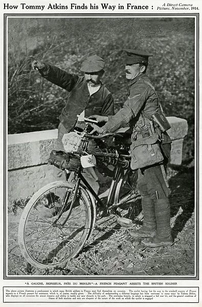 British soldier asking directions in France, 1914