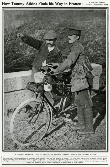 Framed Print : British soldier asking directions in France, 1914 Framed Print : British soldier asking directions in France, 1914
